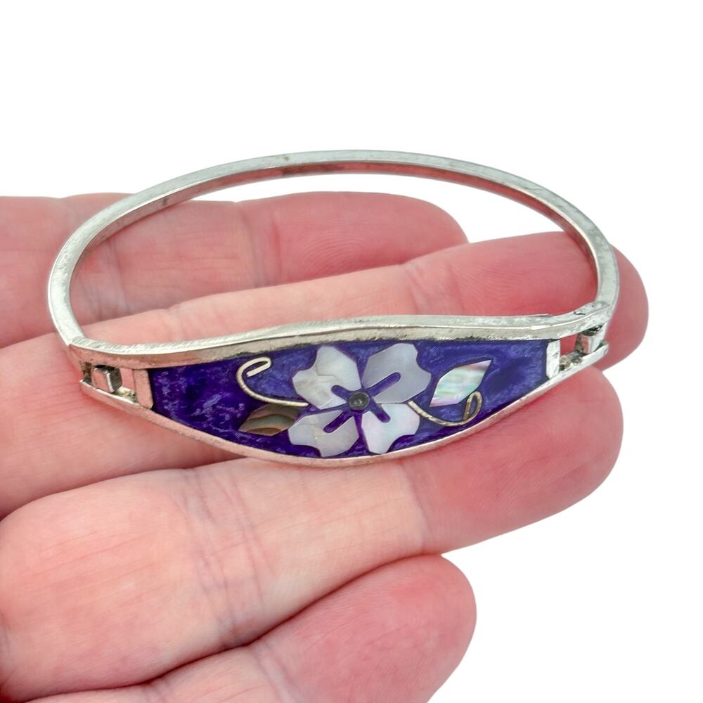 Vintage Alpaca Mexico Purple Abalone Flower Bangle Bracelet 6"